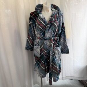 Vera Bradley Fleece Robe Snowy Plaid Hooded Long Sleeve Tie Waist LG XL